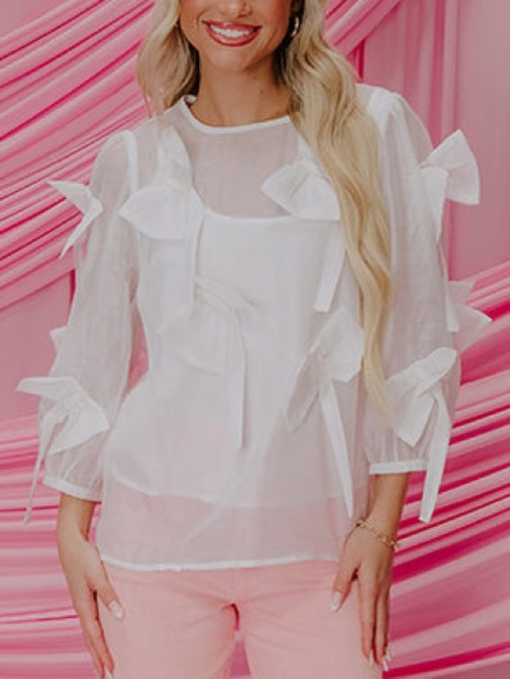 CQbyCQ White Sheer Organza Multi Bow Pearl Clip Blouse Coquette Balloon Medium
